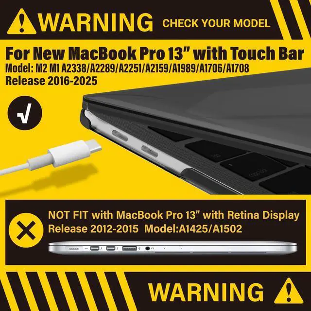 Alt view image 3 of 5 - IBENZER Compatible with 2025 2024 M2 MacBook Pro 13 Inch Case 2025-2016 M1 A2338 A2289 A2251 A2159 A1989 A1706 A1708, Hard Shell Case & Sleeve & Keyboard Cover & Type C, Crystal Black,T13CYBK+3A