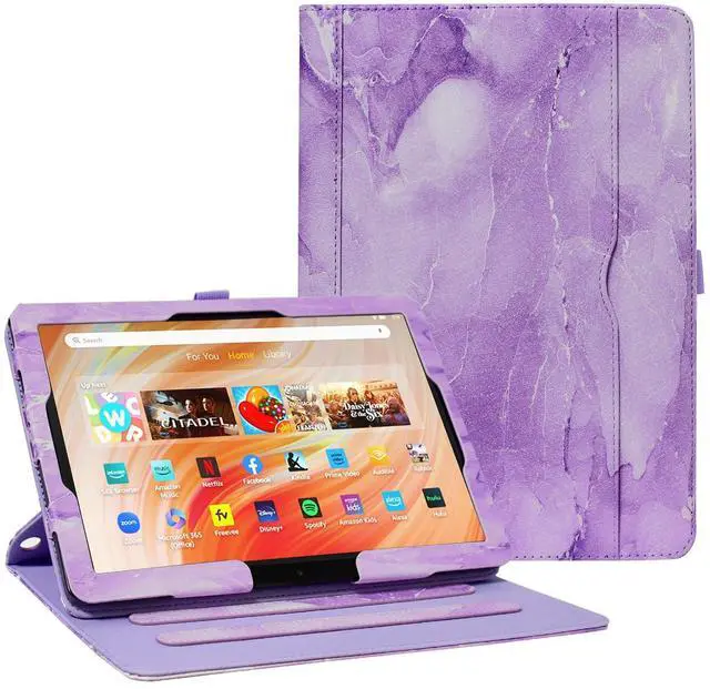 Main image of OKP Case for All New Kindle Fire HD 10 Tablet & Fire HD 10 Plus (11th/13th Generation, 2021/2023 Release), 360 Degree Rotating Stand Leather Cover with Pencil Holder, Auto Wake Sleep, Marble Purple