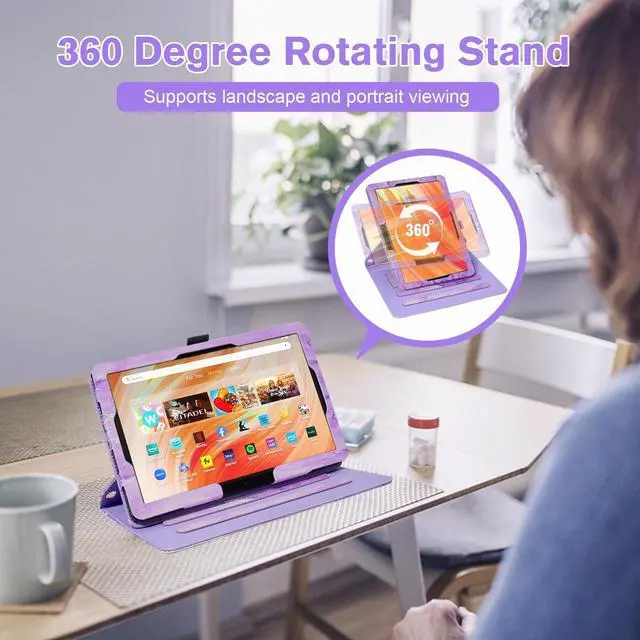 Alt view image 3 of 5 - OKP Case for All New Kindle Fire HD 10 Tablet & Fire HD 10 Plus (11th/13th Generation, 2021/2023 Release), 360 Degree Rotating Stand Leather Cover with Pencil Holder, Auto Wake Sleep, Marble Purple