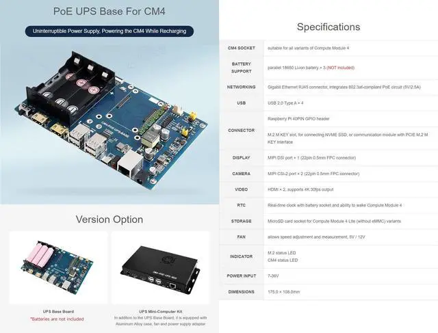Alt view image 3 of 5 - Waveshare PoE UPS Uninterruptible Power Supply Base Board/Mini-Computer Designed for Raspberry Pi Compute Module 4 Gigabit Ethernet Dual HDMI Quad USB2.0