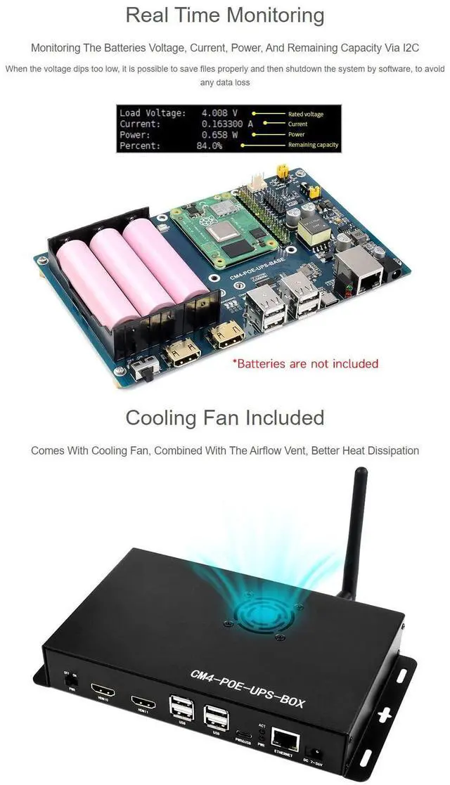 Alt view image 5 of 5 - Waveshare PoE UPS Uninterruptible Power Supply Base Board/Mini-Computer Designed for Raspberry Pi Compute Module 4 Gigabit Ethernet Dual HDMI Quad USB2.0