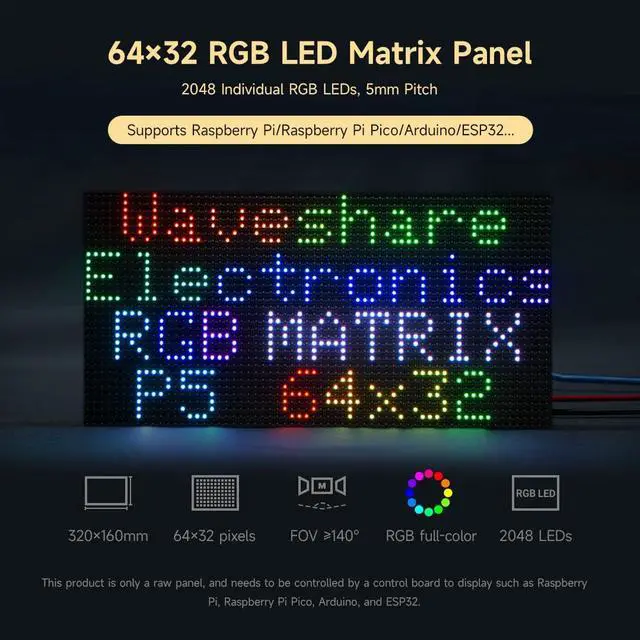 Alt view image 3 of 5 - Waveshare RGB Full-Color LED Matrix Panel, 5mm Pitch, 64×32 Pixels, Adjustable Brightness, Compatible with Raspberry Pi 5/4B/3B/Zero/Zero W/Zero 2W/Pico/Pico W/Pico WH/ESP32