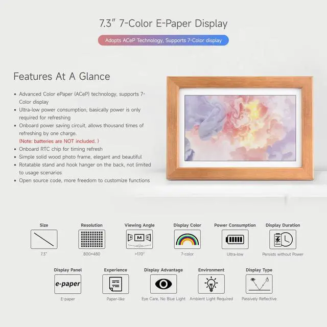 Alt view image 3 of 5 - Waveshare 7.3inch ACeP 7-Color E-Paper with Solid Wood Photo Frame, Ultra-Long Standby, 800 × 480 Resolution, Batteries are Not Included