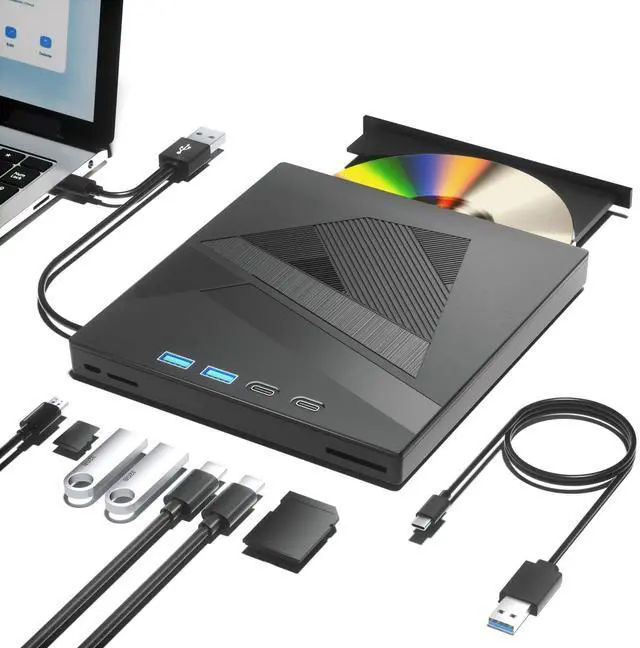 Main image of Taopjwr External DVD Drive, 7-in-1 External CD/DVD Drive for Laptop, USB DVD Burner with SD/TF Port, USB 3.0&Type-C CD ROM External Drive for Laptop Desktop PC Windows XP/7/8/10 Linux MacOS