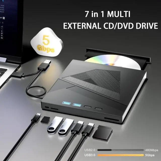 Alt view image 4 of 5 - Taopjwr External DVD Drive, 7-in-1 External CD/DVD Drive for Laptop, USB DVD Burner with SD/TF Port, USB 3.0&Type-C CD ROM External Drive for Laptop Desktop PC Windows XP/7/8/10 Linux MacOS