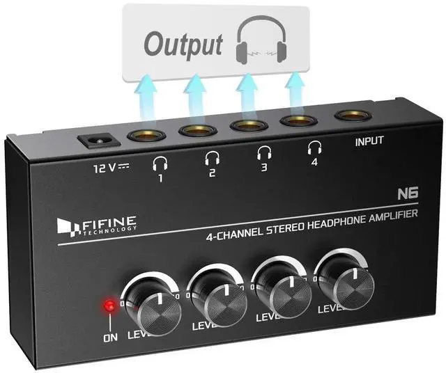 Main image of Fifine Headphone Amplifier 4 Channels Metal Stereo Audio Amplifier,Mini Earphone Splitter with Power Adapter-4x Quarter Inch Balanced TRS Headphones Output and TRS Audio Input for Sound Mixer-N6