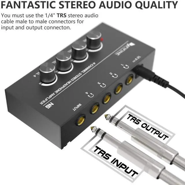 Alt view image 3 of 5 - Fifine Headphone Amplifier 4 Channels Metal Stereo Audio Amplifier,Mini Earphone Splitter with Power Adapter-4x Quarter Inch Balanced TRS Headphones Output and TRS Audio Input for Sound Mixer-N6
