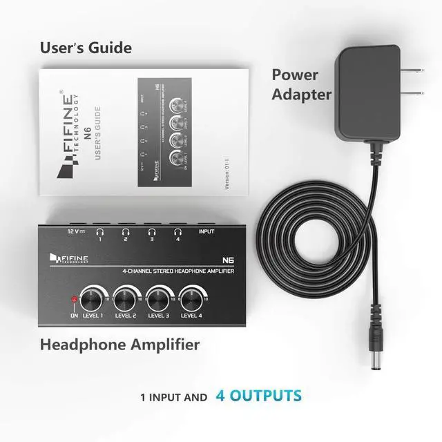 Alt view image 5 of 5 - Fifine Headphone Amplifier 4 Channels Metal Stereo Audio Amplifier,Mini Earphone Splitter with Power Adapter-4x Quarter Inch Balanced TRS Headphones Output and TRS Audio Input for Sound Mixer-N6