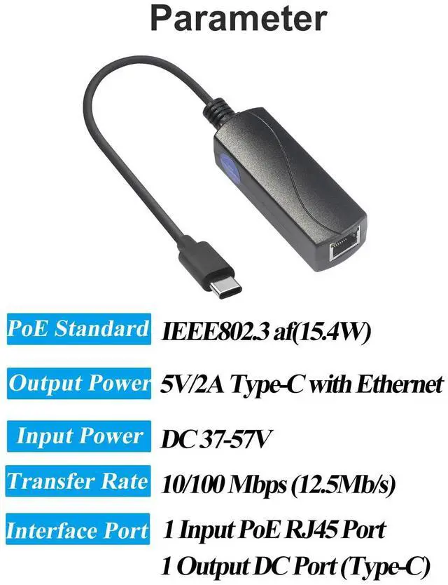 Alt view image 2 of 5 - REVOTECH PoE to USB C Adapter Converter, Convert POE to Output 5V/2A Type-C with Ethernet, IEEE802.3af with 10/100Mbps, Wired Broadband and PD Charging for Smart Phone/Tablet, Plug and Play (P2C5V)