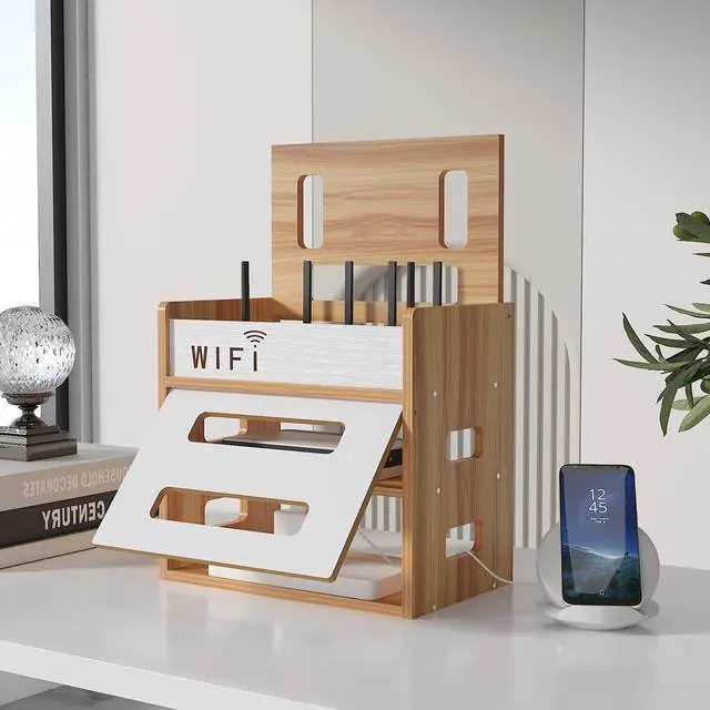 Alt view image 2 of 5 - Wooden Router Shelf, Desktop WiFi Router Storage Box Modem Rack, Power Router Fences Standing Shelf Units, Cable Management Hider Box Organizer for Office and Home (Cherry Wood)