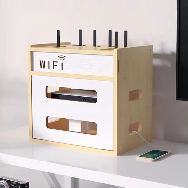 Alt view image 2 of 5 - Wooden Router Shelf, Desktop WiFi Router Storage Box Modem Rack, Power Router Fences Standing Shelf Units, Cable Management Hider Box Organizer for Office and Home (White Maple)