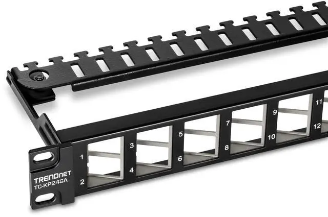 Main image of TRENDnet 24-Port Blank Angled Keystone Shielded 1U Patch Panel, TC-KP24SA, STP, Cat6A, Cat5, Cat5e, Cat6, 19 Rackmount Design, Black