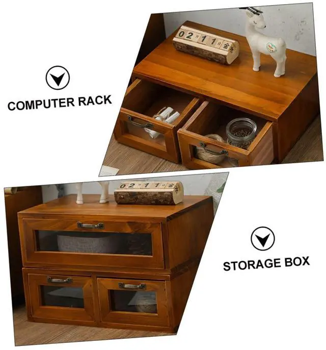 Alt view image 2 of 5 - Veemoon 1pc Rack Shelf Bamboo Holder Home Computer Wood Storage Monitor Elevating Organizer with Drawers Tv Drawer for Desk Vintage Stand Screen Adjustable Accessories Tabletop Glass