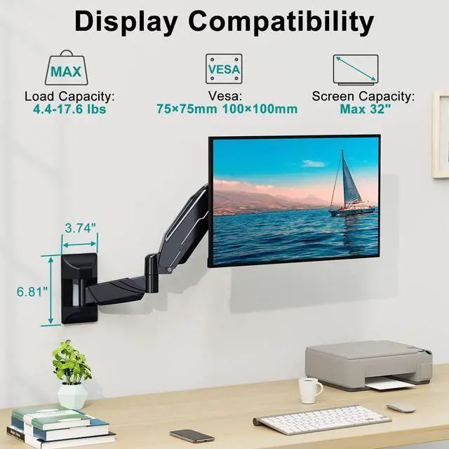 Alt view image 2 of 5 - MOUNT PRO Monitor Wall Mount for 13 to 32 Inch Computer Screens, Single Monitor Mount with Tilt/Swivel/Rotation Adjustable, Gas Spring Wall Arm Holds up to 17.6lbs, Vesa Wall Mount 100x100