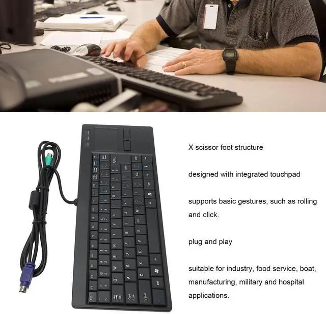 Alt view image 3 of 5 - Wired Keyboard with Trackpad, Mini Industrial Keyboard Touchpad Combo with X Scissor Foot, Portable Compact Touch Keyboard for Industry Control, Plug and Play (PS2 Interface