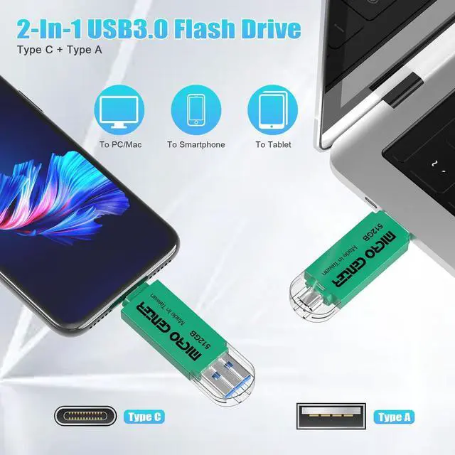 Alt view image 2 of 5 - Micro Center Super Speed 2-in-1 512GB Dual Drive Type C & Type A OTG up to 150MB/s USB 3.0 Flash Drives Thumb Drive Memory Storage for Android Smartphone Computers MacBook Tablets PC