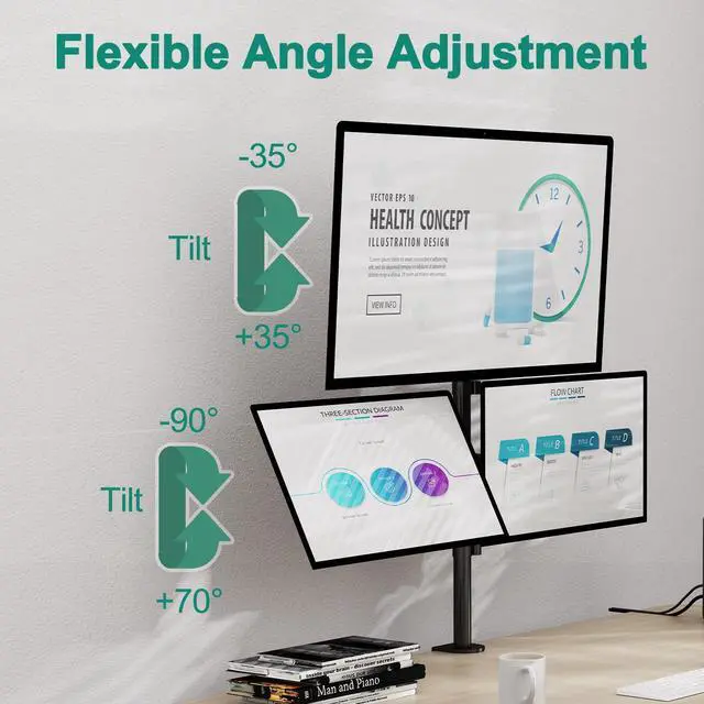 Alt view image 2 of 5 - ErgoFocus Triple Monitor Stand, Desk Mount for Three Screens up to 32 Inch, Stacked Monitor Arm for 3 Monitors Max 17.6lbs per Arm, Height Adjustable, Tilt, Swivel VESA Mount 75/100x100mm