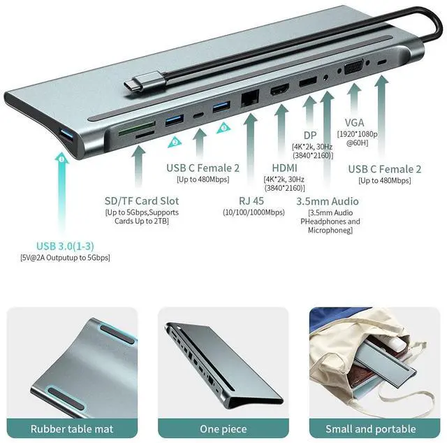 Alt view image 2 of 5 - USB C Docking Station, USB C Dock, Triple Monitor USB Type C to DP HDMI VGA Adapter, 12 in 1 USB C Hub, Laptop Docking Station Multiport USB 3.0 SD/TF Audio for Windows MacBook Type C Laptops