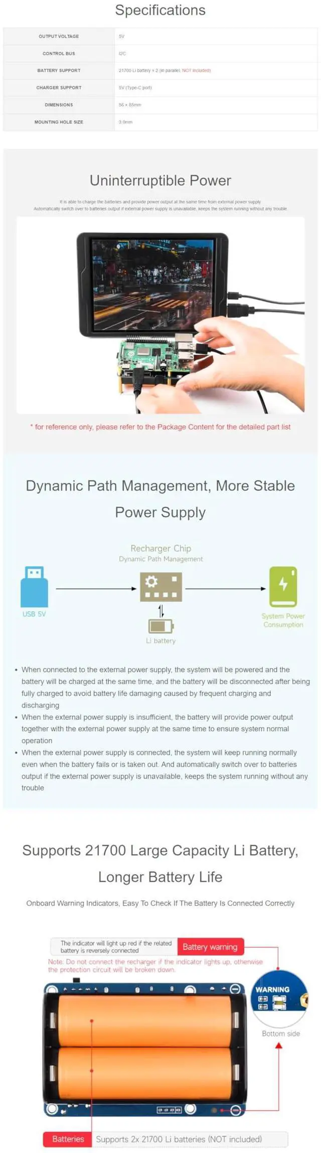 Alt view image 5 of 5 - Coolwell UPS HAT (D) for Raspberry Pi 4B 3B+ 3B, etc Supports 21700 Li Battery (NOT Included) Pogo Pins Connector Charging and Power Output at The Same Time 5V