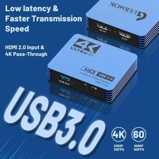 Alt view image 2 of 5 - GUERMOK 4K Video Capture Card, USB 3.0 HDMI to USB-C with Mic Loop-Out, 1080P 60FPS Capture Device for Gaming, Live Streaming, Video Recording, Compatible with MacOS, PS4, Xbox One, Switch