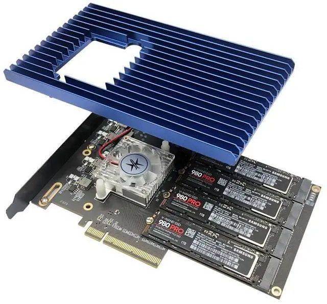 Main image of KONYEAD Quad PCIe NVMe M.2 SSD Adapter Card-PCI with Aluminum Housing Express 3.0 x8 Card Support 4X M.2 NGFF PCIe NVMe SSD for Mac & PC (ASM2824 Switch)-Support Non-Bifurcation Motherboard(3003K)