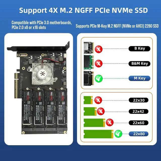 Alt view image 4 of 5 - KONYEAD Quad PCIe NVMe M.2 SSD Adapter Card-PCI with Aluminum Housing Express 3.0 x8 Card Support 4X M.2 NGFF PCIe NVMe SSD for Mac & PC (ASM2824 Switch)-Support Non-Bifurcation Motherboard(3003K)