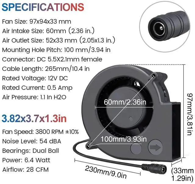 Alt view image 5 of 5 - Wderair 97mm + 120mm Radial 12V Centrifugal Brushless Blower Fan High CFM with AC Plug for Inflatable Replacement,DIY Cooling Ventilation Exhaust Project
