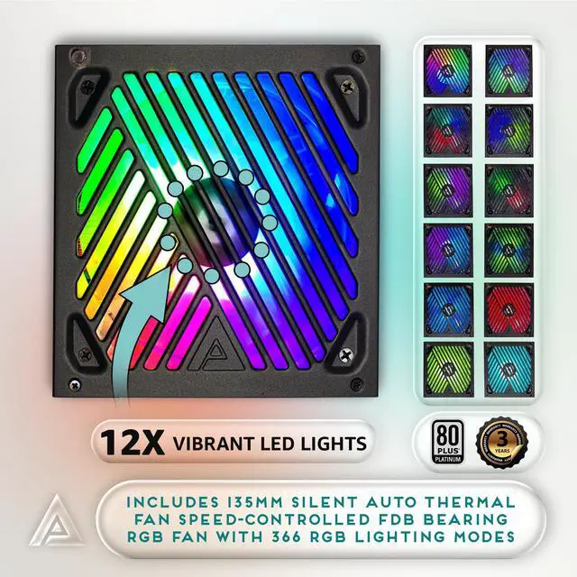 Alt view image 4 of 5 - Apevia ATX-MT1200W Mystic 1200W Fully Modular 80+ Platinum Certified, PCIe 5.0 & ATX 3.0 Ready Active PFC ATX RGB Gaming Power Supply, Includes Gen 5 12VHPWR Connector & 366 RGB Light Modes