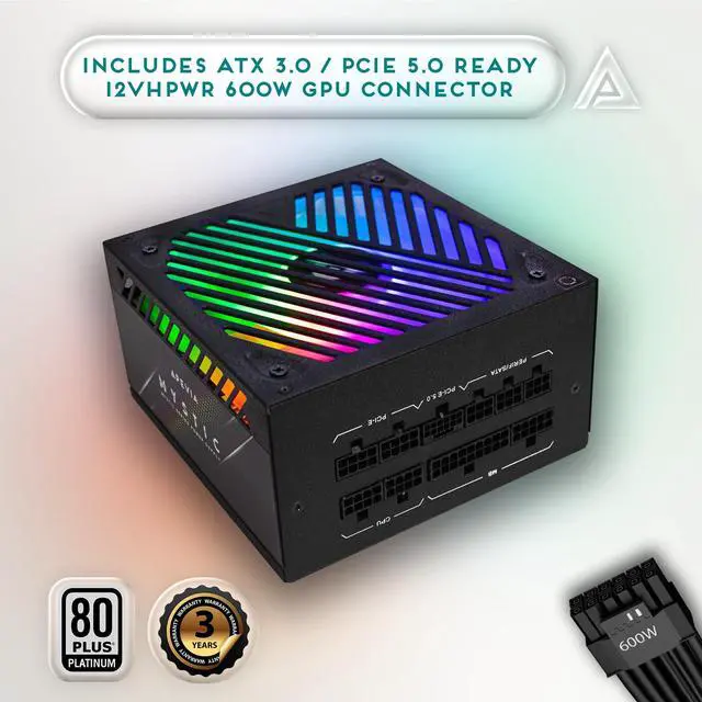 Alt view image 3 of 5 - Apevia ATX-MT1200W Mystic 1200W Fully Modular 80+ Platinum Certified, PCIe 5.0 & ATX 3.0 Ready Active PFC ATX RGB Gaming Power Supply, Includes Gen 5 12VHPWR Connector & 366 RGB Light Modes