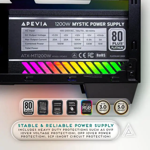 Alt view image 5 of 5 - Apevia ATX-MT1200W Mystic 1200W Fully Modular 80+ Platinum Certified, PCIe 5.0 & ATX 3.0 Ready Active PFC ATX RGB Gaming Power Supply, Includes Gen 5 12VHPWR Connector & 366 RGB Light Modes