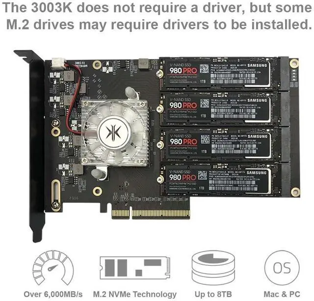Alt view image 2 of 5 - KONYEAD Quad PCIe NVMe M.2 SSD Adapter Card-PCI with Aluminum Housing Express 3.0 x8 Card Support 4X M.2 NGFF PCIe NVMe SSD for Mac & PC (ASM2824 Switch)-Support Non-Bifurcation Motherboard(3003K)
