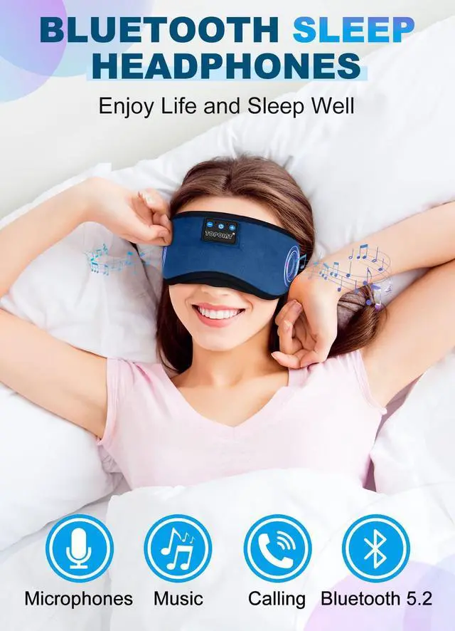 Alt view image 2 of 5 - TOPOINT Sleep Headphones, Bluetooth Sleep Mask with Bluetooth Headphones Cotton Sleeping Headphones Bluetooth Eye Mask with Microphone Hands Free Light Blackout for Side Sleepers Father's Day Gift