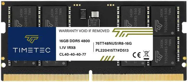 Main image of Timetec 16GB DDR5 4800MHz PC5-38400 Unbuffered Non-ECC 1.1V CL40 1Rx8 Single Rank 262Pin SODIMM Laptop Memory RAM Module Upgrade (16GB)