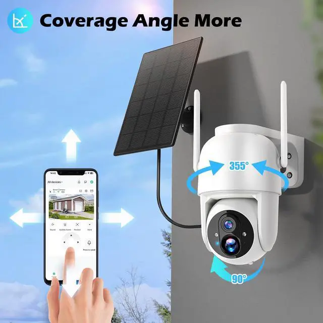 Alt view image 2 of 5 - Allweviee 2Packs Solar Security Outdoor WiFi Camera, Pan Tilt 355° View IP65 Waterproof Rechargeable Wireless Battery Powered 2K 3MP PTZ Camera with PIR, Color Night Vision,2-Way Talk, 4dbi Antenna