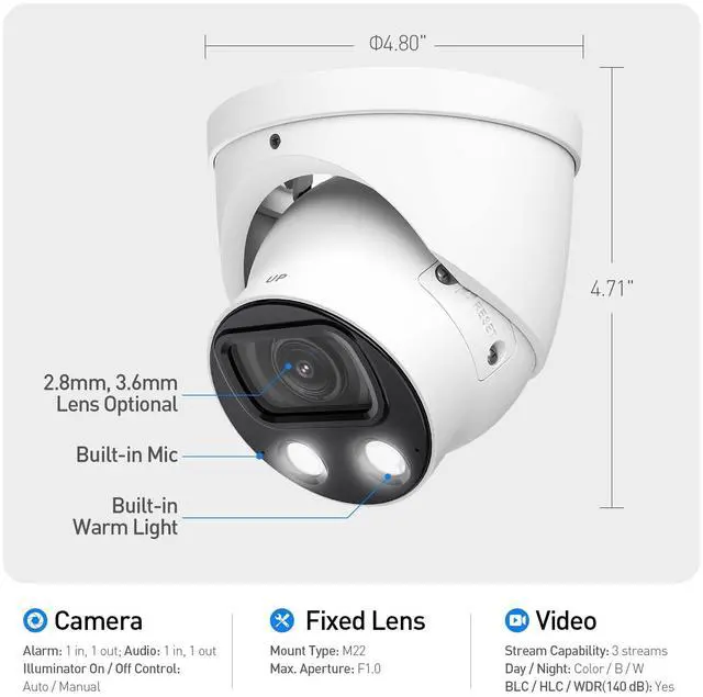 Alt view image 4 of 5 - EmpireTech IPC-Color4K-T 4K Full-Color Ultra Low Light 8MP Smart AI Starlight Turret IP Camera 1/1.2" CMOS,Build-in Warm LED, Built-in Mic,SMD 3.0,PoE and ePoE,IPC-Color4K-T 2.8mm White