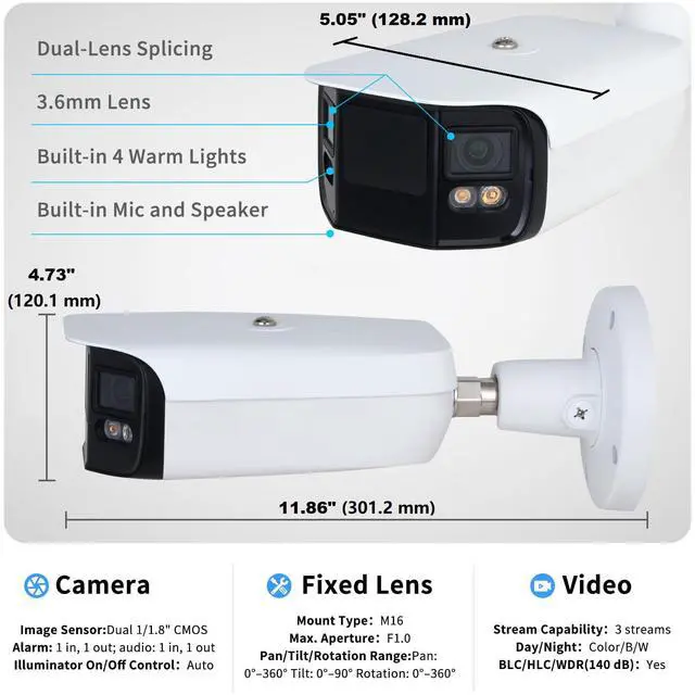 Alt view image 4 of 5 - EmpireTech Full-Color 180° Wide Angle 2×4MP Dual 1/1.8" CMOS Dual-Lens Splicing Smart IP Camera Built-in Warm Light, Support Two-Way Talk,IVS (Perimeter Protection),SMD 4.0. IPC-Color4K-B180