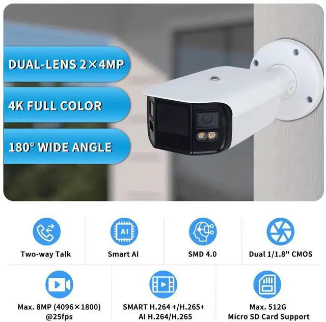Alt view image 5 of 5 - EmpireTech Full-Color 180° Wide Angle 2×4MP Dual 1/1.8" CMOS Dual-Lens Splicing Smart IP Camera Built-in Warm Light, Support Two-Way Talk,IVS (Perimeter Protection),SMD 4.0. IPC-Color4K-B180