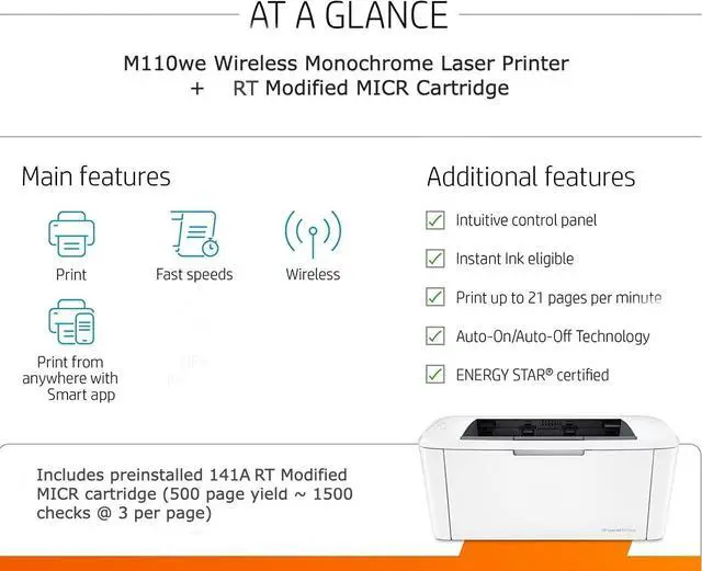 Alt view image 3 of 5 - RT M110we Wireless Monochrome Laser Check Printer Bundle with 1 Modified 141A MICR Ink Toner Cartridge for Printing Business and Personal Checks (2 Items)
