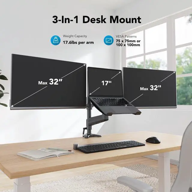Alt view image 2 of 5 - HUANUO Dual Monitor and Laptop Mount for Max 32 Monitor and 17 Laptop, Adjustable Spring Arm with Tilt, Swivel and Rotation, Dual Monitor and Notebook Stand with VESA Bracket 75/100 mm