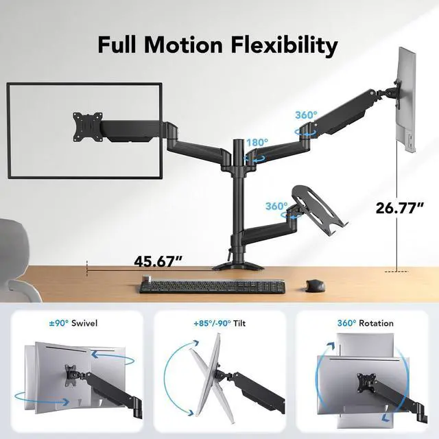 Alt view image 3 of 5 - HUANUO Dual Monitor and Laptop Mount for Max 32 Monitor and 17 Laptop, Adjustable Spring Arm with Tilt, Swivel and Rotation, Dual Monitor and Notebook Stand with VESA Bracket 75/100 mm