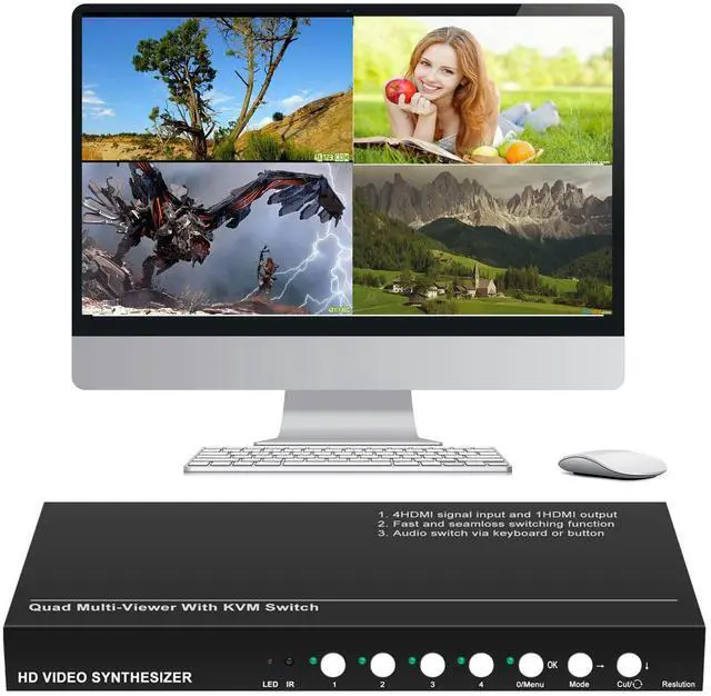 Main image of HDMI KVM Switch Multi-Viewer, 4 in 1 Out Seamless Switching, Audio KVM Switch, Support Hotkey& Panel Switch, Hot Plug, Mouse Simultaneous & Mouse Pass Trough,Quick Switch No Black Screen, No Delay