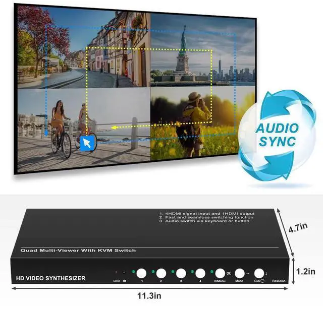 Alt view image 4 of 5 - HDMI KVM Switch Multi-Viewer, 4 in 1 Out Seamless Switching, Audio KVM Switch, Support Hotkey& Panel Switch, Hot Plug, Mouse Simultaneous & Mouse Pass Trough,Quick Switch No Black Screen, No Delay