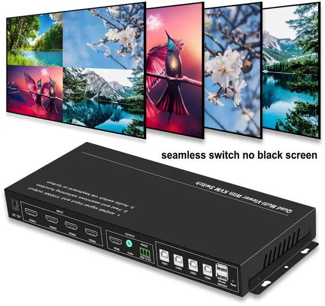 Alt view image 2 of 5 - HDMI KVM Switch Multi-Viewer, 4 in 1 Out Seamless Switching, Audio KVM Switch, Support Hotkey& Panel Switch, Hot Plug, Mouse Simultaneous & Mouse Pass Trough,Quick Switch No Black Screen, No Delay