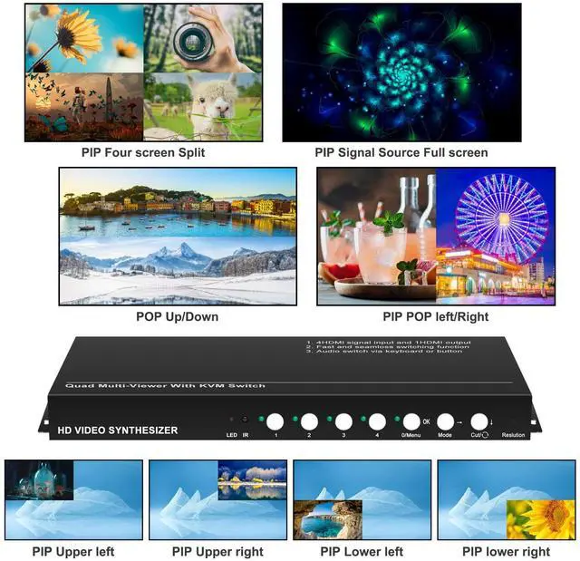 Alt view image 3 of 5 - HDMI KVM Switch Multi-Viewer, 4 in 1 Out Seamless Switching, Audio KVM Switch, Support Hotkey& Panel Switch, Hot Plug, Mouse Simultaneous & Mouse Pass Trough,Quick Switch No Black Screen, No Delay