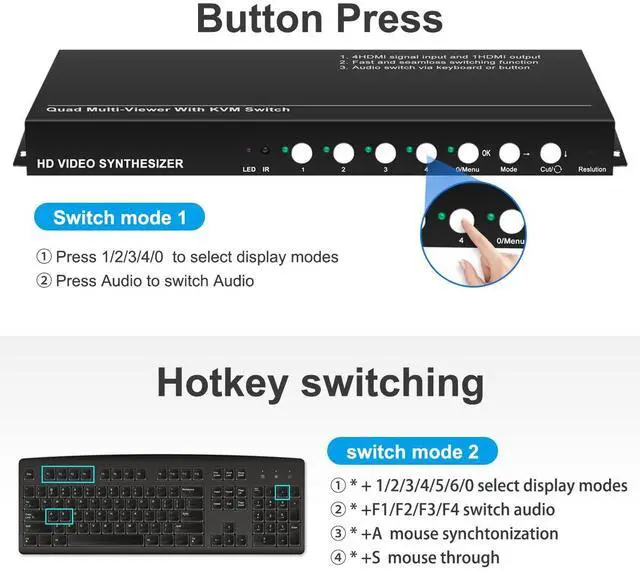 Alt view image 5 of 5 - HDMI KVM Switch Multi-Viewer, 4 in 1 Out Seamless Switching, Audio KVM Switch, Support Hotkey& Panel Switch, Hot Plug, Mouse Simultaneous & Mouse Pass Trough,Quick Switch No Black Screen, No Delay