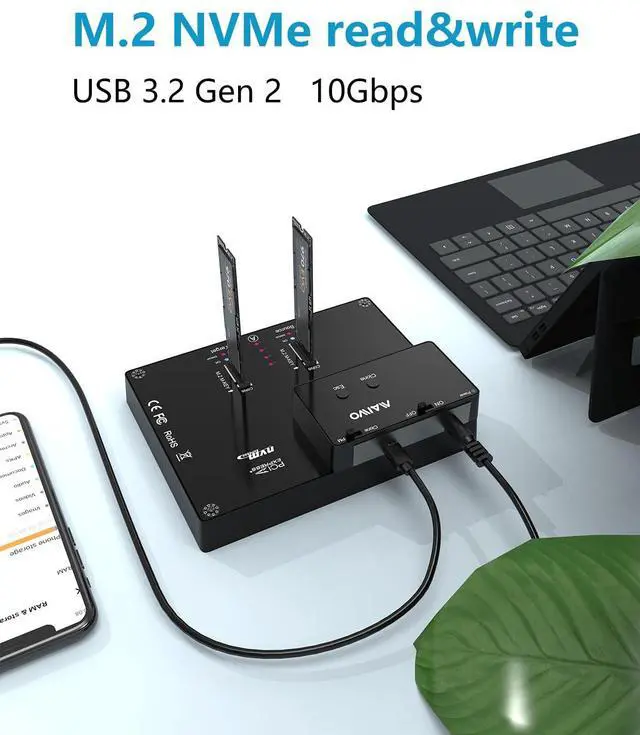 Alt view image 2 of 5 - MAIWO K3015P Portable Dual Bay M.2 NVME Docking Station, Tool-Free Type-C10Gbps NVME SSD External Enclosure, with Offline Clone duplicator and System Copy Function.
