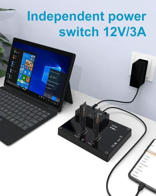 Alt view image 4 of 5 - MAIWO K3015P Portable Dual Bay M.2 NVME Docking Station, Tool-Free Type-C10Gbps NVME SSD External Enclosure, with Offline Clone duplicator and System Copy Function.