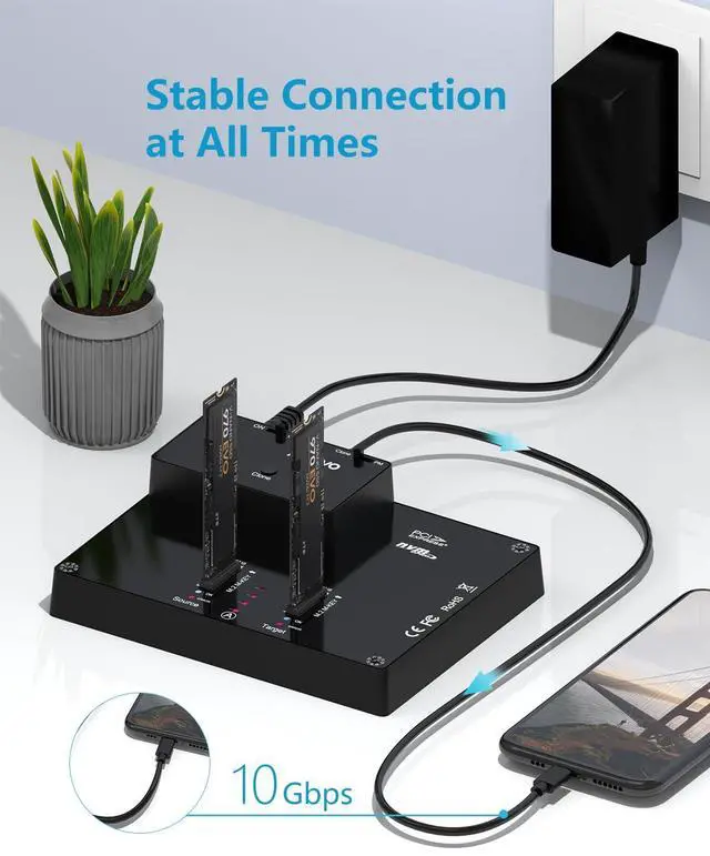Alt view image 3 of 5 - MAIWO K3015P Portable Dual Bay M.2 NVME Docking Station, Tool-Free Type-C10Gbps NVME SSD External Enclosure, with Offline Clone duplicator and System Copy Function.