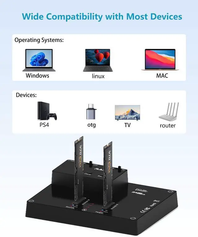 Alt view image 5 of 5 - MAIWO K3015P Portable Dual Bay M.2 NVME Docking Station, Tool-Free Type-C10Gbps NVME SSD External Enclosure, with Offline Clone duplicator and System Copy Function.