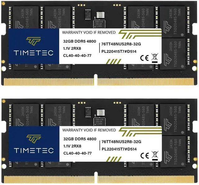 Main image of Timetec 64GB KIT(2x32GB) DDR5 4800MHz PC5-38400 Unbuffered Non-ECC 1.1V CL40 2Rx8 Dual Rank 262 Pin SODIMM Laptop Memory RAM Module Upgrade (64GB KIT(2x32GB))